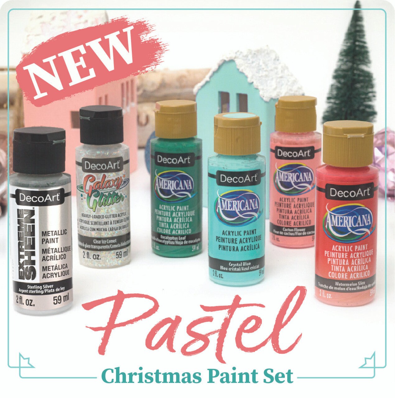 DecoArt Pastel Christmas Paint Set, 6pc – Acrylic, Metallic & Glitter Paints for Holiday Crafts